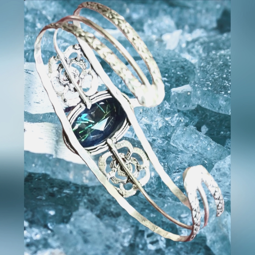 Silver Floral Cuff Bracelet with Blue Crystal Center - Picture 3 of 6